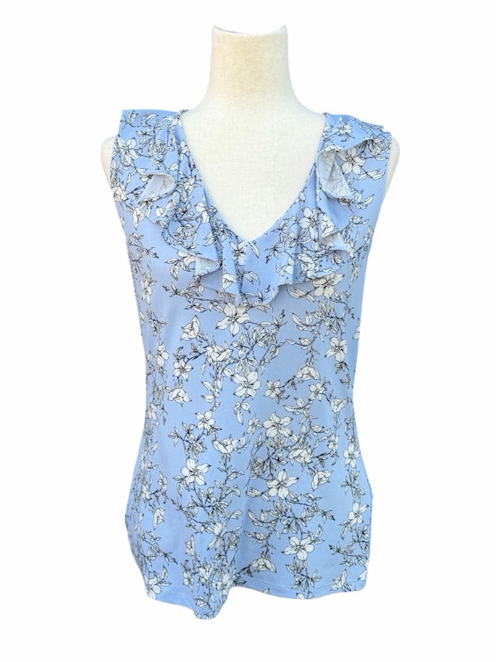 Karl Lagerfeld Light Blue White Floral Sleeveless Ruffle V-Neck tank Top blouse